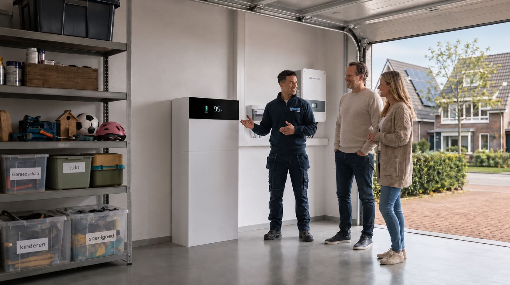 Monteur legt een thuisbatterij en omvormer in een garage uit aan twee bewoners