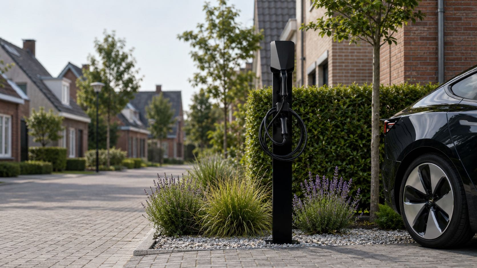 Zwarte laadpaal op een oprit met een geparkeerde elektrische auto