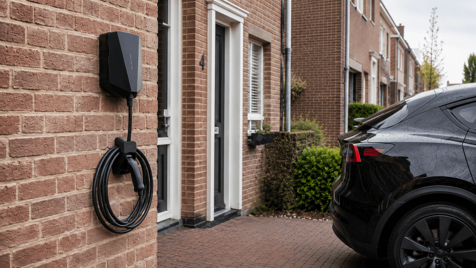 Zwart laadpunt aan een bakstenen gevel naast de voordeur, met een elektrische auto op de oprit