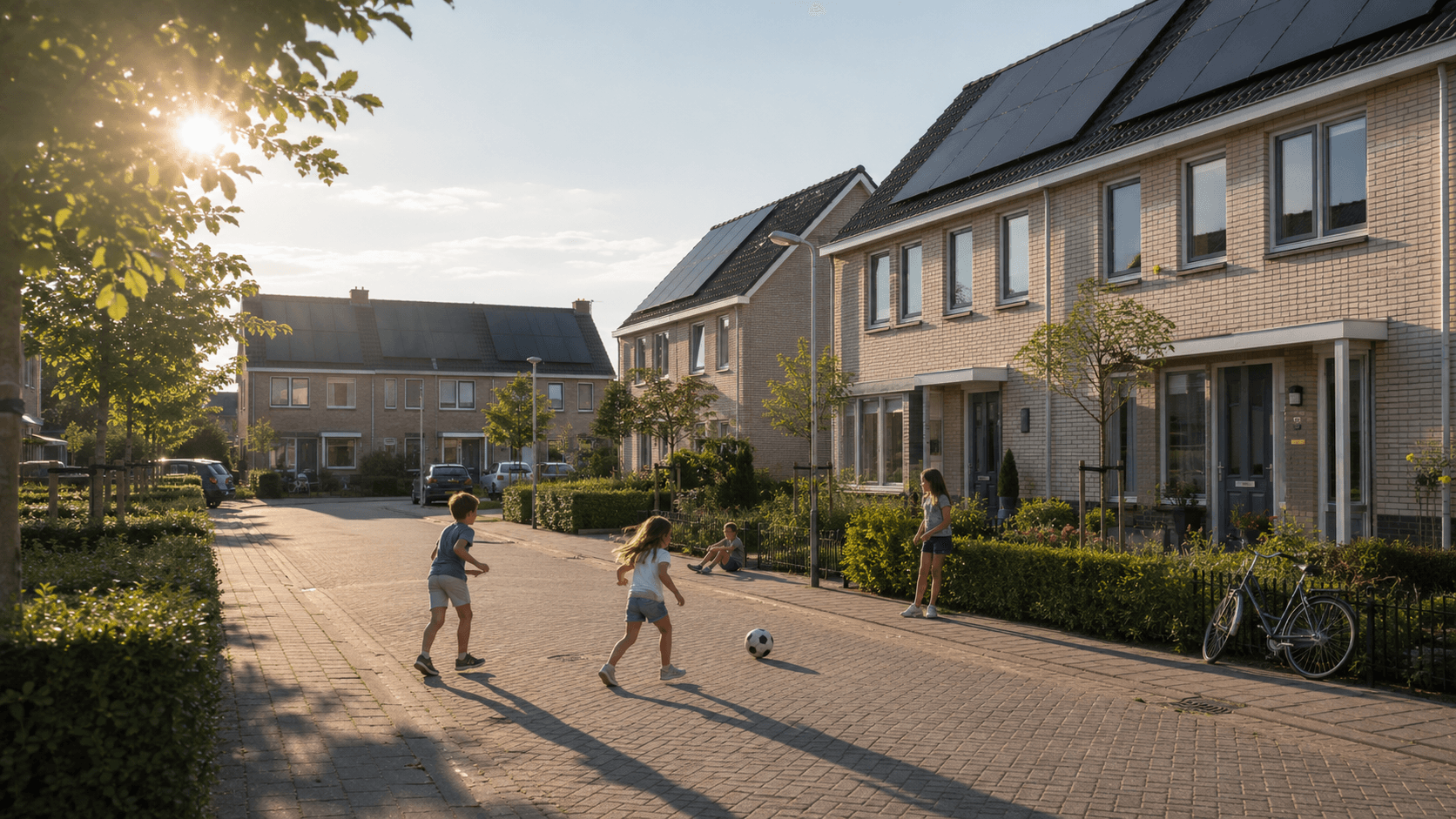 Kinderen spelen in een woonstraat met zonnepanelen op de daken