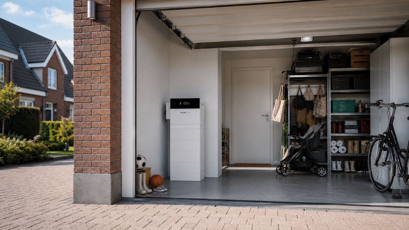 Thuisbatterij in een open garage naast een woning